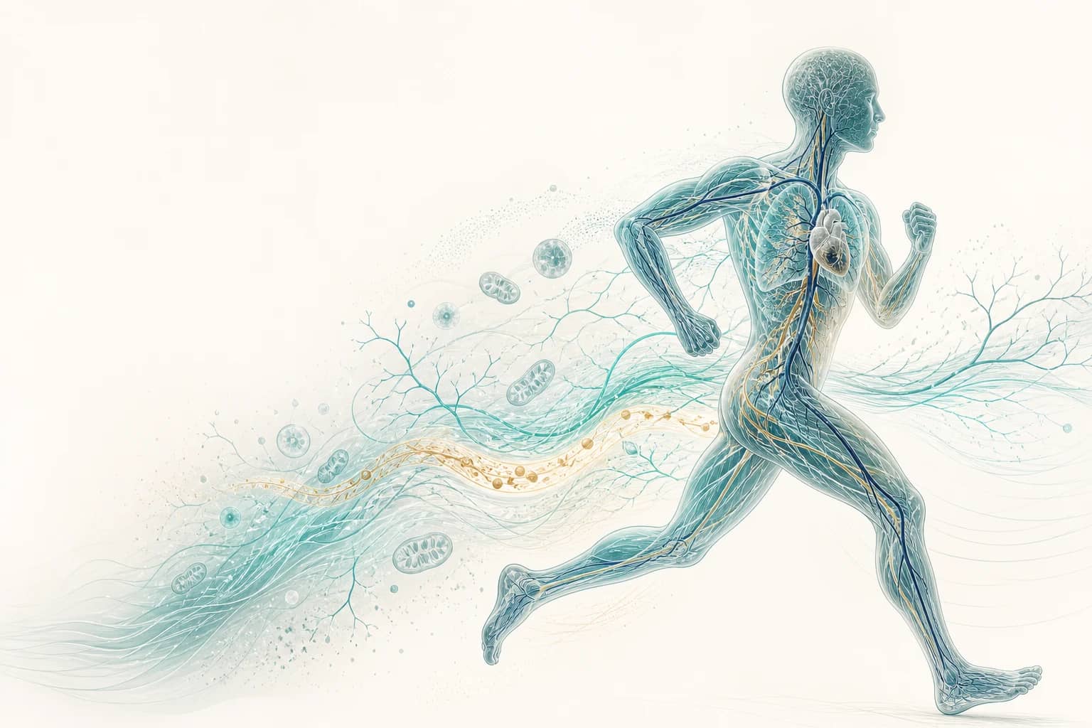 Scientific illustration of a runner moving right through an integrated field of metabolic, autonomic, and vascular signals
